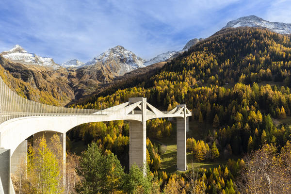 View of the Ganterbrücke and the road leading to the Simplon pass. Simplonpass, Ried-Brig, Canton of Valais, Switzerland.