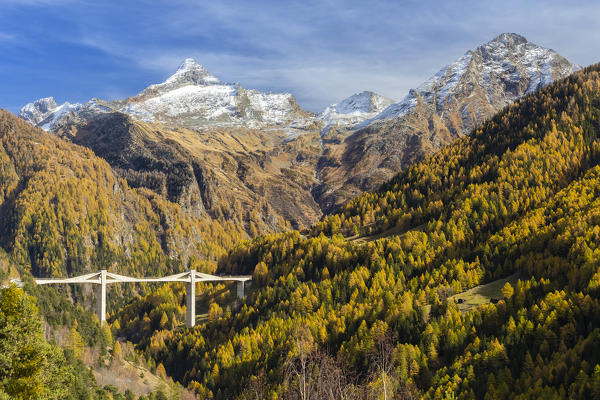 View of the Ganterbrücke and the road leading to the Simplon pass. Simplonpass, Ried-Brig, Canton of Valais, Switzerland.