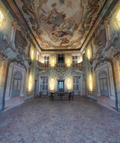 Frescoes on ceiling of the ancient Salone d'Onore in Rococò style, an interior room inside Palazzo Malacrida, Morbegno, province of Sondrio, Valtellina, Lombardy, Italy