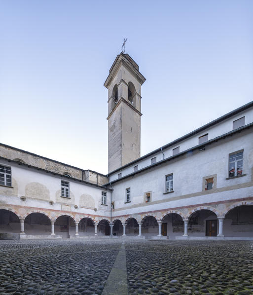 Bell tower and cloister of the ancient Sant'Antonio Dominican convent and church, Morbegno, province of Sondrio, Valtellina, Lombardy, Italy