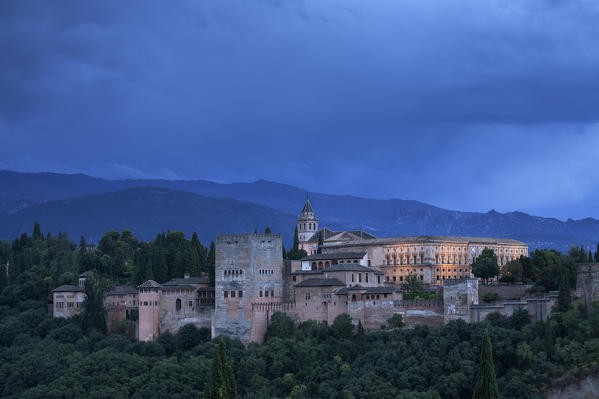 Alhambra palace and fortress at dusk, Granada, Andalusia, Spain