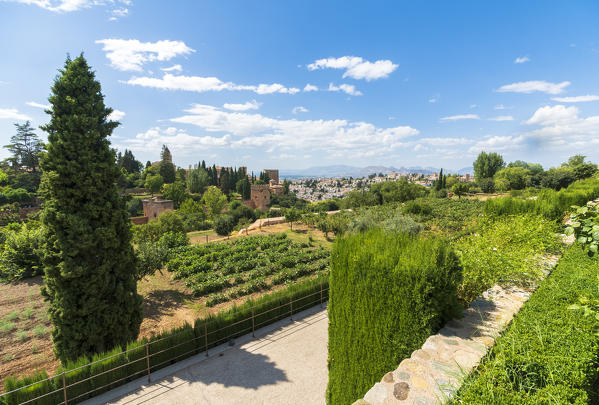 Cultivated fields and hills of the ornamental gardens of Generalife surrounding La Alhambra complex, Granada, Andalusia, Spain