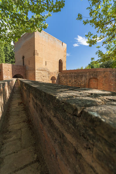 Fortified walls and tower, Generalife, La Alhambra complex, Granada, Andalusia, Spain