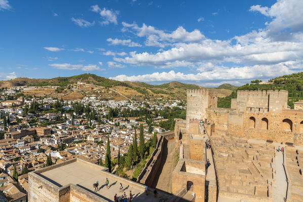 Elevated view of the Albaicin (Albayzin) old Moorish quarter from Plaza de Armas in the Alcazaba, part of La Alhambra complex, Granada, Andalusia, Spain