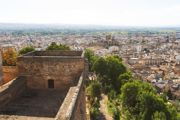 City of Granada seen from the ancient fortress of the Alcazaba, La Alhambra complex, Granada, Andalusia, Spain