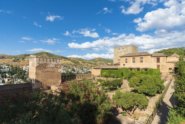 Gardens in the courtyard of Alcazaba old fortress, La Alhambra complex, Granada, Andalusia, Spain