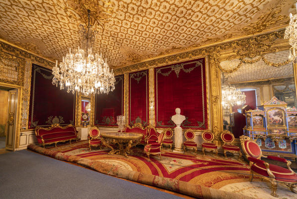 Crystal chandeliers and Baroque decoration in the interior room of the Roayl Palace, Stockholm, Sweden