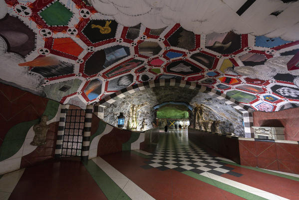 Artwork ceiling and flooring with colors representing the ecosystem, Kungstradgarden Metro station, Stockholm, Sweden