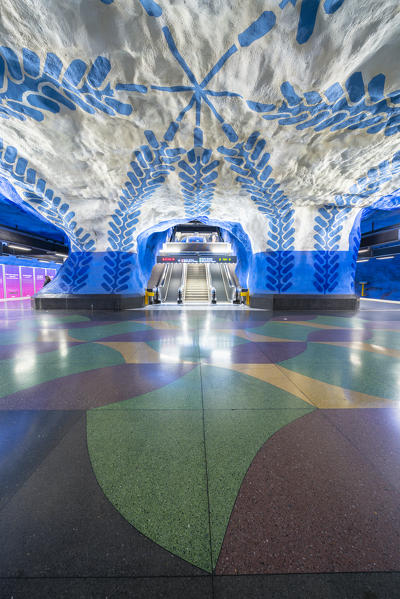 T-Centralen blue line metro station painted with blue stylized flowers and leaf creepers on rock walls, Stockholm, Sweden