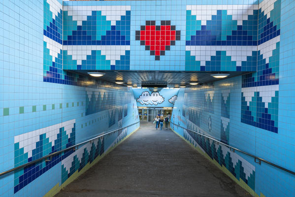 Thorildsplan metro station decorated with artwork on tiles inspired by pixels of computers and video games characters, Stockholm, Sweden