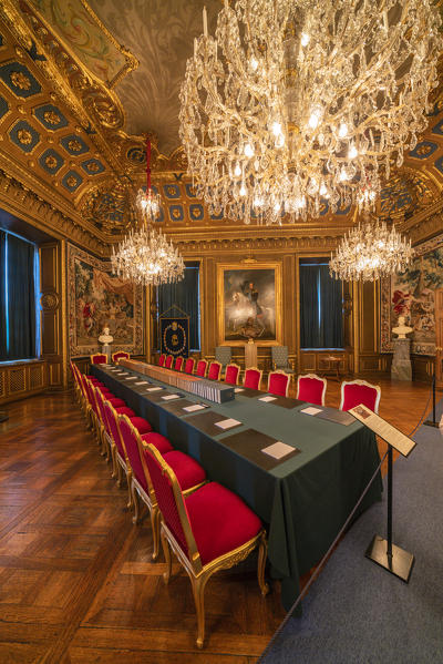 Velvet on chairs and long table used for the noble meetings in the interior rooms of the Royal Palace, Stockholm, Sweden
