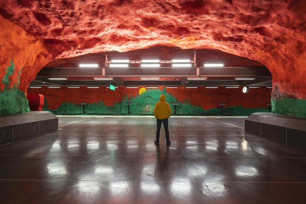 Rear view of man looking at artwork and paintings on rocks, Solna Centrum metro station,  Stockholm, Sweden