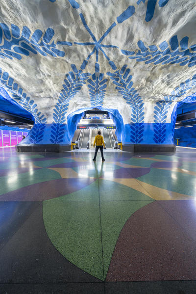 Rear view of man looking at the impressive paintings and artwork at T-Centralen metro station, Stockholm, Sweden