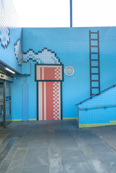 Thorildsplan metro station decorated with artwork on tiles inspired by video games characters, Stockholm, Sweden