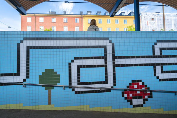 Thorildsplan metro station decorated with pixelated artwork on tiles inspired by video games, Stockholm, Sweden