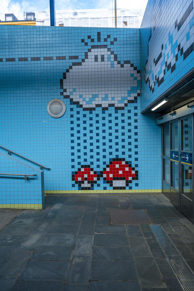 Thorildsplan metro station decorated with artwork on tiles inspired by video games characters, Stockholm, Sweden