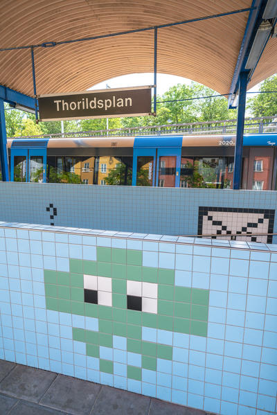 Thorildsplan metro station decorated with pixelated artwork on tiles inspired by video games, Stockholm, Sweden