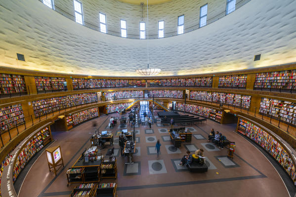 People inside Stockholm Public Library (Stadsbibliotek), Stockholm, Sweden