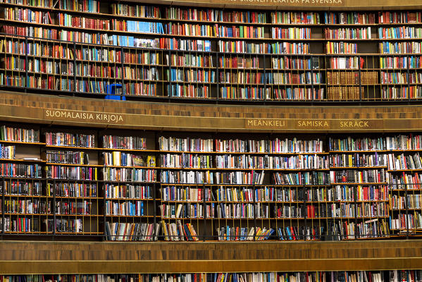 Details of books collections on shelves inside the Stadsbiblioteket, Stockholm public library, Sweden