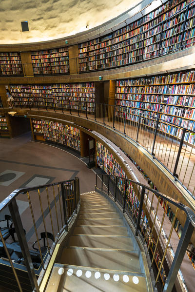 Staircase in the interior of Stadsbiblioteket, Stockholm public library, Sweden