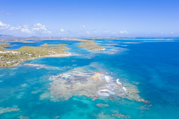 Aerial view of coral reef in the turquoise water of Caribbean Sea, Antilles, Central America