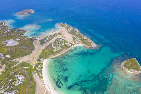 Aerial view of white sand beach washed by Caribbean Sea, Exchange Bay, Friars Head Bay, Antigua, Caribbean, West Indies