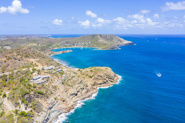 Aerial view of cliffs towards Galleon Beach and English Harbour, Antigua, Caribbean, West Indies, Leeward Islands