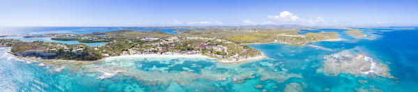 Aerial panoramic of the coral reef around Long Bay, Antigua, Antigua and Barbuda, Caribbean, West Indies, Leeward Islands