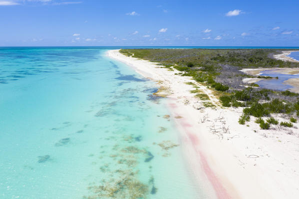 Aerial view of the pink sand beach washed by the crystal water of Caribbean Sea, Antilles, Central America