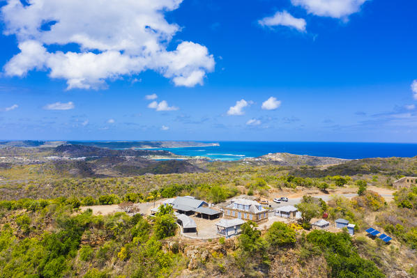 Aerial view of the Shirley Heights belvedere on hilltop, Antigua, Antigua and Barbuda, Caribbean, West Indies