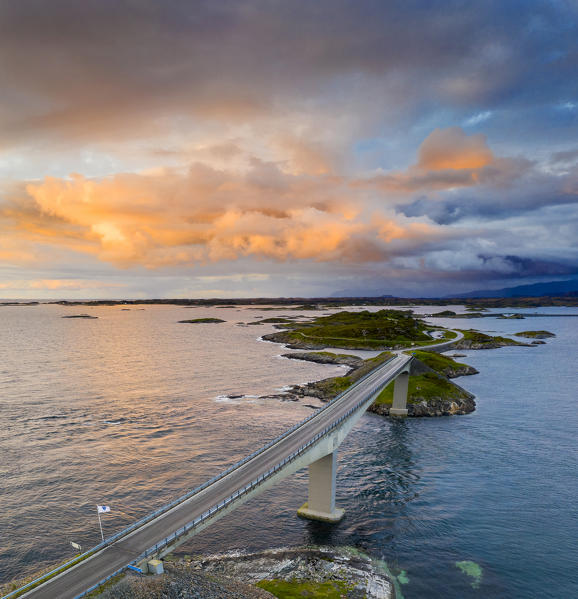 Sunset over Storseisundet Bridge on the Atlantic Road, aerial view, More og Romsdal county, Norway