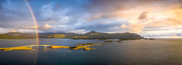 Aerial panoramic of rainbow over Storseisundet Bridge, Atlantic Road, More og Romsdal county, Norway