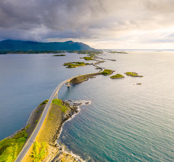 Sunset over Storseisundet Bridge view from above, Atlantic Road, More og Romsdal county, Norway
