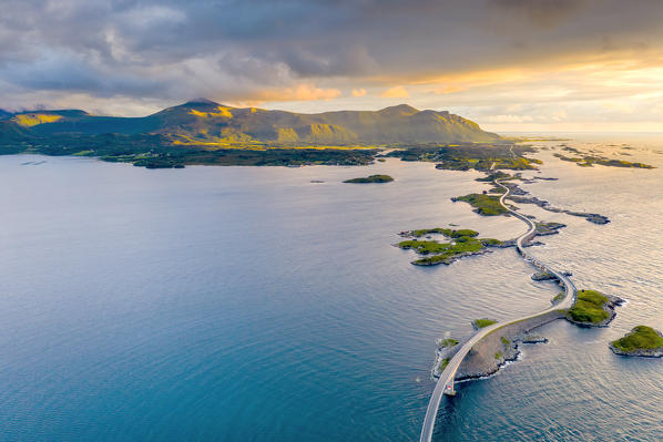 Sunset over the Atlantic Road connecting mainland and islands, aerial view, More og Romsdal county, Norway
