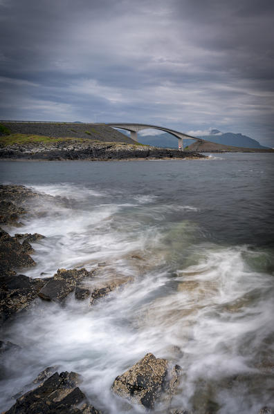 Crashing waves along coastline around Storseisundet Bridge on the Atlantic Road, More og Romsdal county, Norway