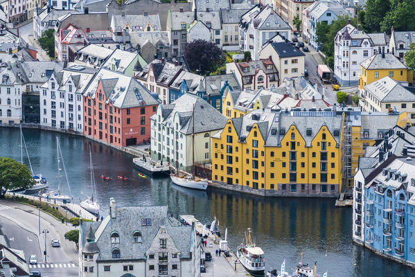 Elevated view of Art Nouveau buildings along Brosundet canal, Alesund, More og Romsdal county, Norway