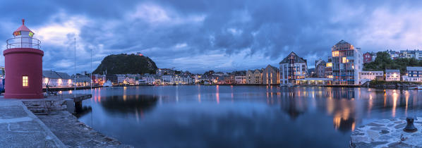 Panoramic of Molja Lighthouse and Brosundet Canal at dusk, Alesund, More og Romsdal county, Norway