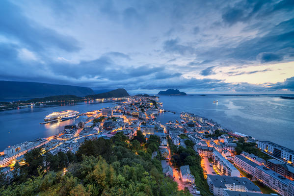 City of Alesund view from Aksla mountain at night, More og Romsdal county, Norway