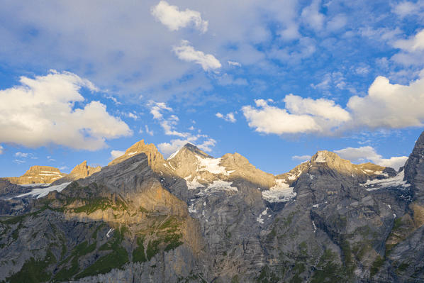 Aerial view of rocky peaks at sunset, Oeschinensee, Bernese Oberland, Kandersteg, Canton of Bern Switzerland