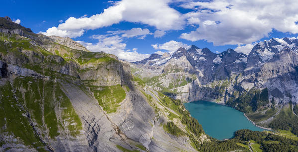 Aerial panoramic of Oeschinensee lake, Bernese Oberland, Kandersteg, Canton of Bern, Switzerland