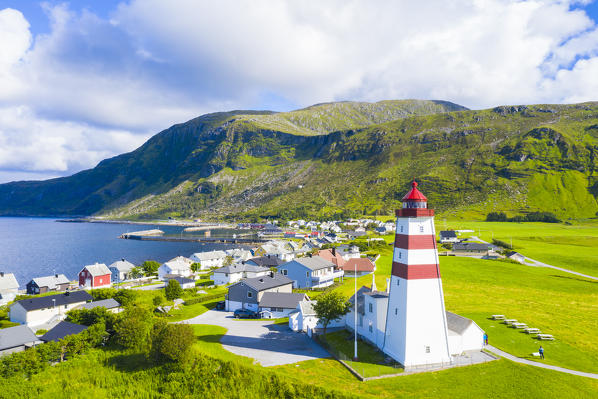Aerial view of Alnes Lighthouse and village, Godoya Island, Alesund, More og Romsdal County, Norway