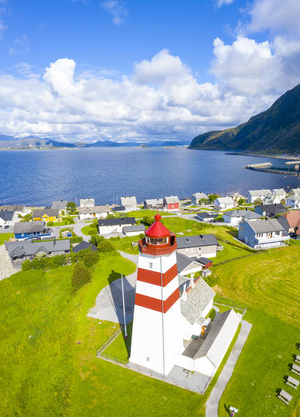 Aerial panoramic of Alnes Lighthouse and village, Godoya Island, Alesund, More og Romsdal County, Norway