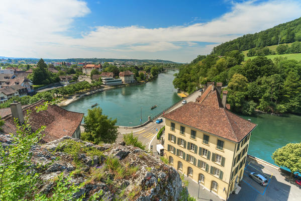 Elevated view of Aarburg old town and Aare river surrounded by green hills, Canton‎ ‎Aargau, Switzerland