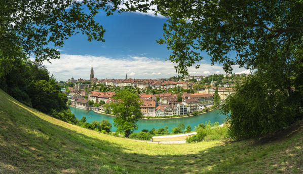Panoramic of Aare River and city centre of Bern from hilltop,  Canton Bern, Switzerland