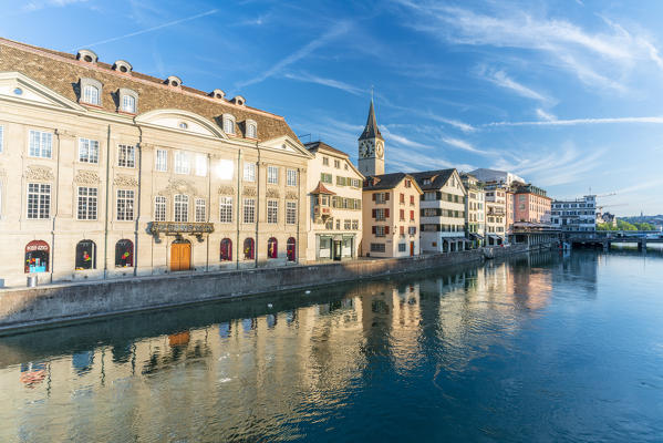 St. Peter church along Limmat River, Lindenhof area, Old Town of Zurich, Switzerland