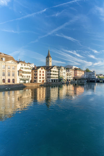 Bell tower of St. Peter church along Limmat River, Lindenhof area, Old Town of Zurich, Switzerland
