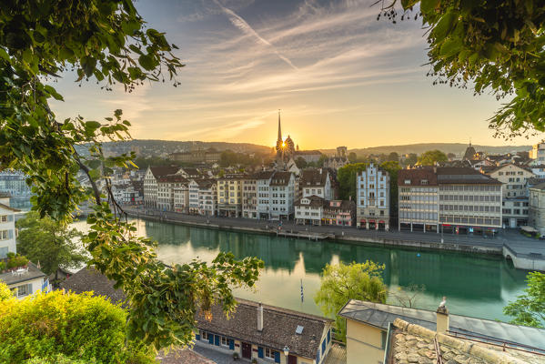 Sunrise over Limmat River seen from Lindenhof Hill, Zurich, Switzerland