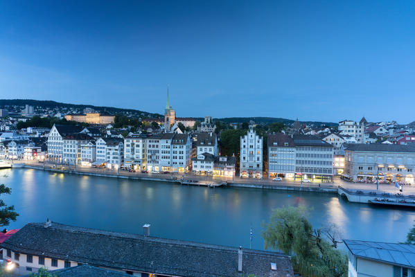 Dusk over Limmat River seen from Lindenhof Hill, Zurich, Switzerland