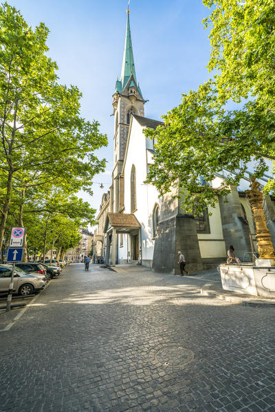 Side view of the ancient Fraumunster church in Lindenhof area, Zurich, Switzerland