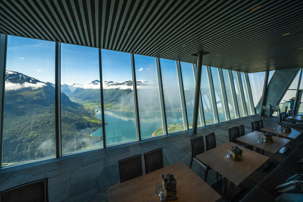 Nordfjord and mountains through glass windows in the dining room of Hoven Restaurant, Loen, Stryn, Sogn og Fjordane county, Norway